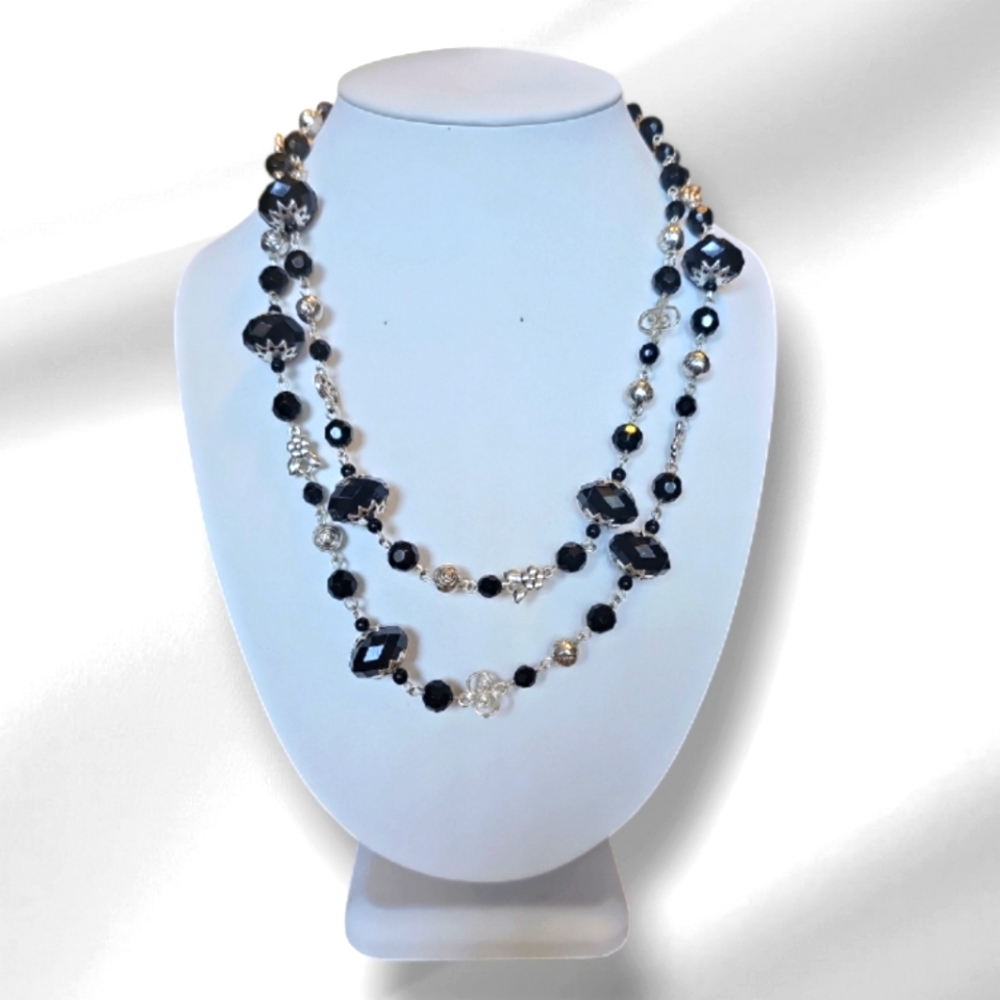 Mid- century Ornate Black Lucite Long Necklace.